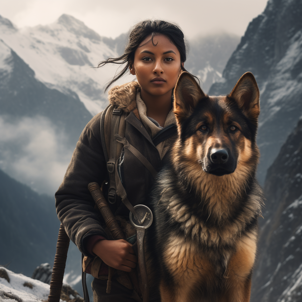 Indian woman walking a german shepherd in the himalayas on the leash